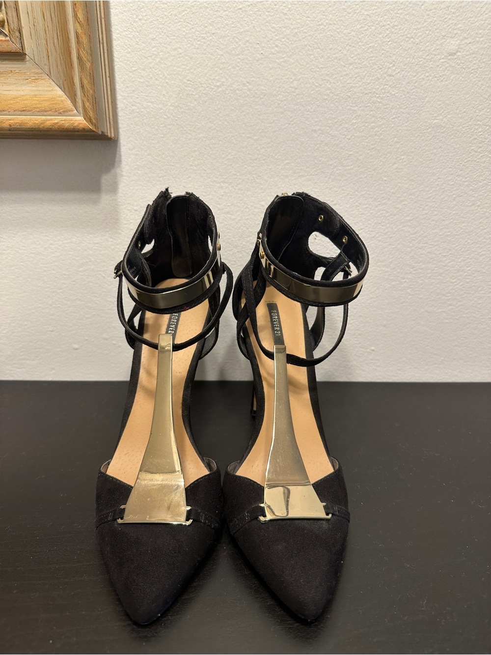 Forever 21 Black Pointed T-Strap Heels with Gold Accent